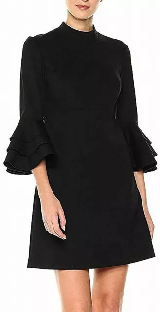 Trina Turk Dress Womens Size 6 Dylan Black Tiered Ruffle Bell Sleeve Mock Neck