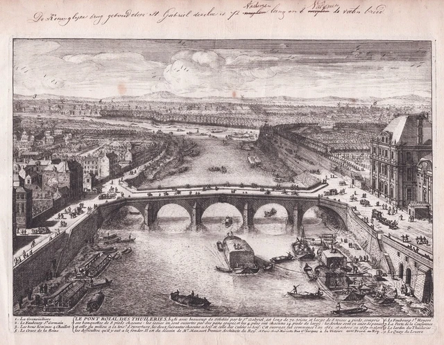 Paris Seine Pont Royal Tuileries Perelle Gravure sur Cuivre Engraving Vue