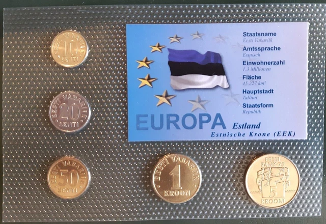 Estonia 5 coins complete set 10 20 50 senti + 1 5 Krooni UNC in FOLDER