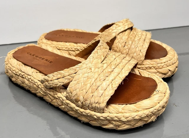 Robert Clergerie Womens Idalie Raffia Straw-Leather Slides Sandals EU 38.5/8