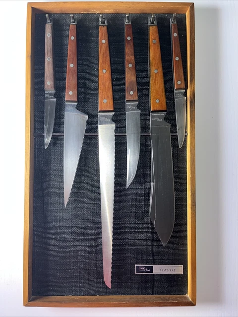 Retro EKCO Flint Classic Vtg 6 Pc Wood Handle Knife Set Hanging Wall Block *NICE