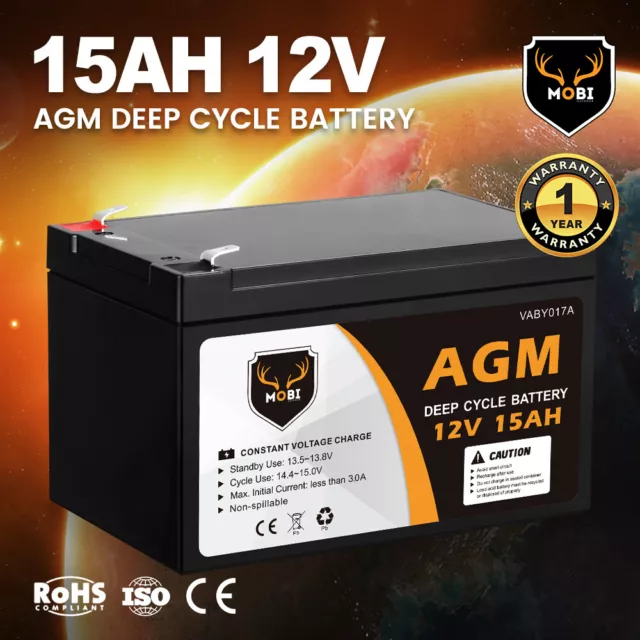 MOBI 15AH 12V AGM Deep Cycle Battery SLA UPS Solar Alarm Toy Camping 4WD