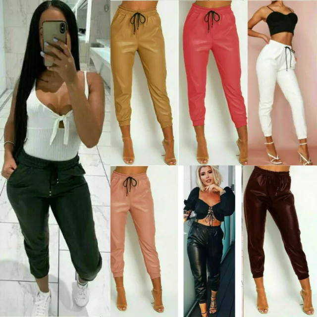 Womens Ladies PU Faux Leather Shiny Jogging Joggers Cuffed Bottom Trousers  Pants