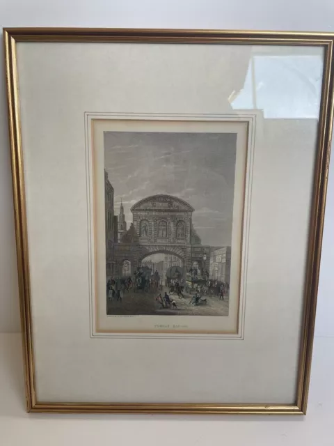 Beautiful Engraving Of Temple Bar hand coloured antique engraving framed london