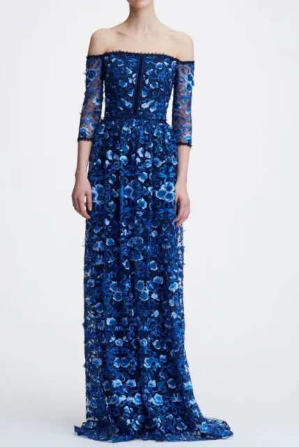 $1095 NEW Marchesa Notte Off the Shoulder Floral Embroidered Gown Navy 2 4