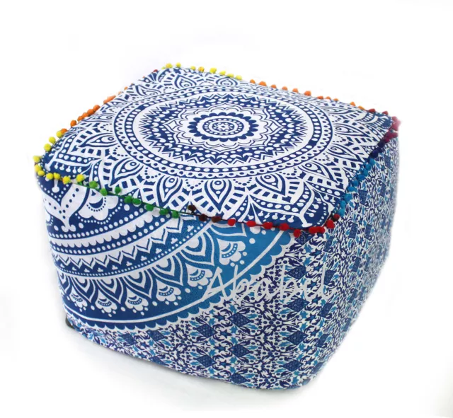 18" Indian Cotton Square Pouf Cover Blue Ombre Mandala Ottoman Foot Stool Covers