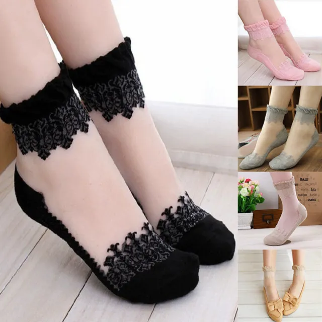 Womens Ultrathin Ankle Socks Cute Transparent Crystal Silk Lace Elastic Short UK