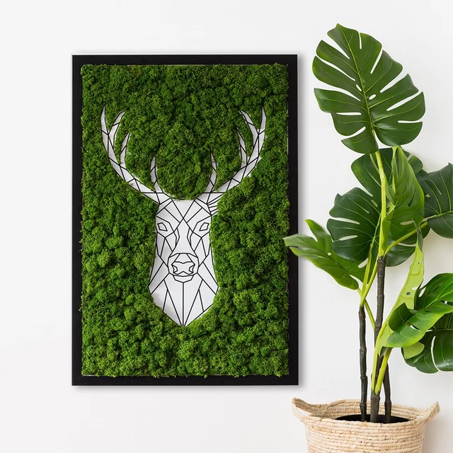 Decorazione da Parete Arte Muschio Cornice MDF nero 40x60 cm- Cervo geometrico