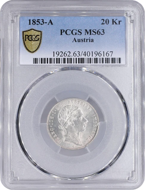 Austria 20 kreuzer 1853 A, PCGS MS63, "Emperor Franz Joseph I (1848 - 1916)"