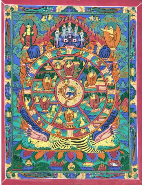 Nepalí Thangka Pintura De Lord Buddha Vida Círculo Arte Sobre Tela 30.5x38.1cm