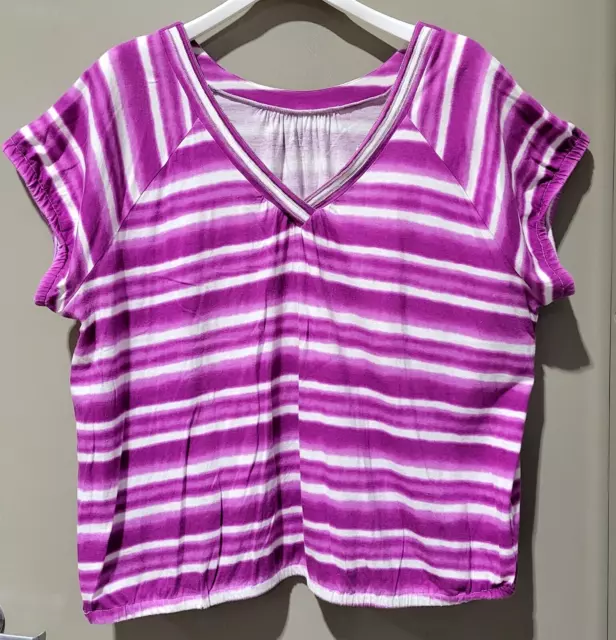 Lane Bryant Size 26/28 Short Sleeve V-Neck Elastic Band Hems Purple Striped Tee