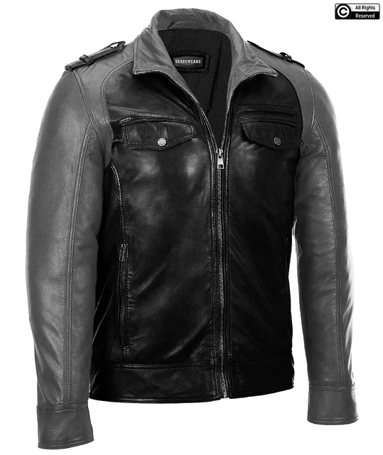 Mens Leather Jacket Biker Motorcycle Cafe Racer Retro Genuine Leather Jacket NEW