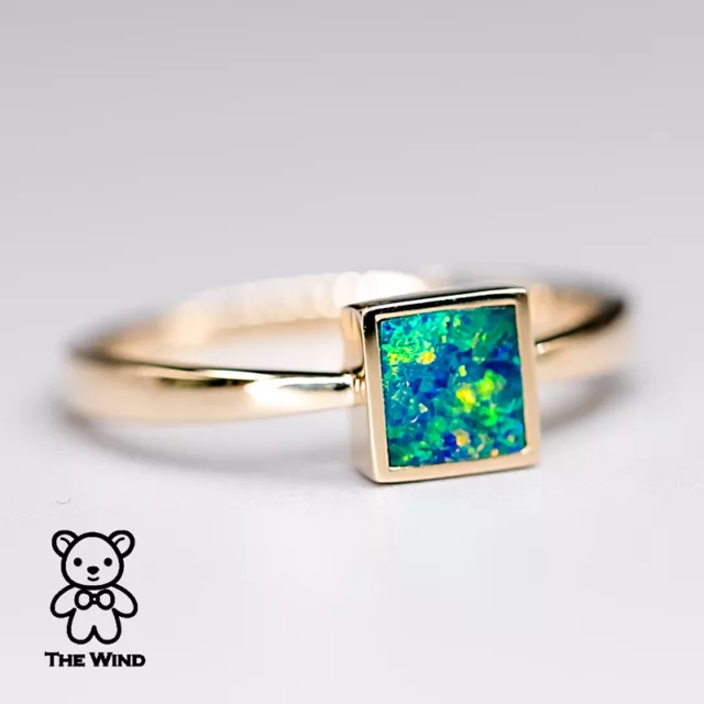 Geometric Design Square Shaped Australian Doublet Opal Ring 14K Yellow Gold