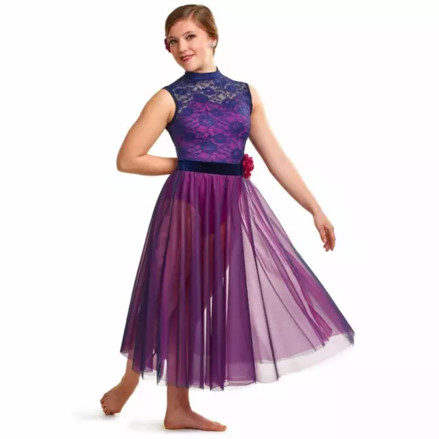 Dance  Costume Curtain Call R444 Purple-Navy Blue Large Child Contemporary Lace