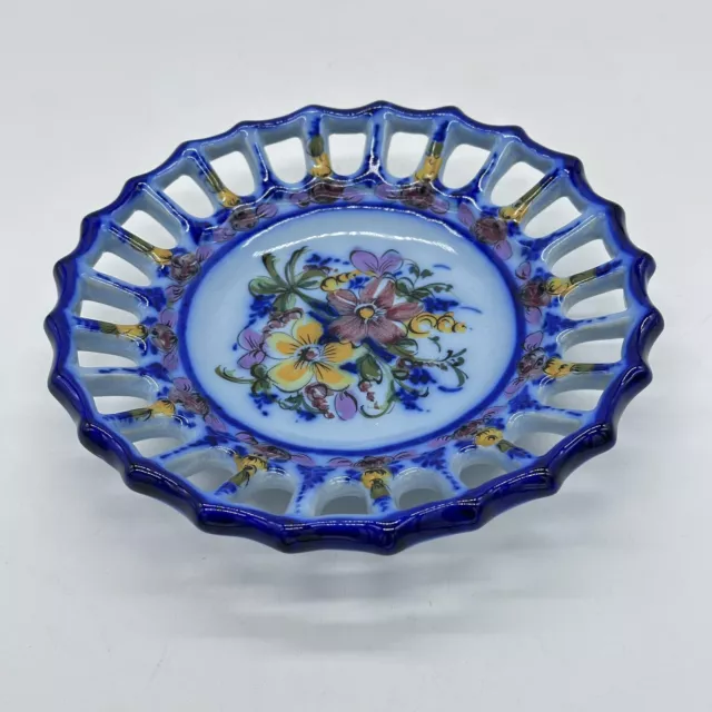 Vintage Blue Reticulated Decorative Hand Painted Alcobaca  Portugal Round Plate