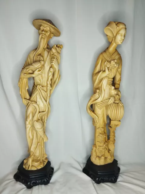 Très Belles Statuettes Couple Chinois Résine Vintage Signé Geisha Et Chasseur