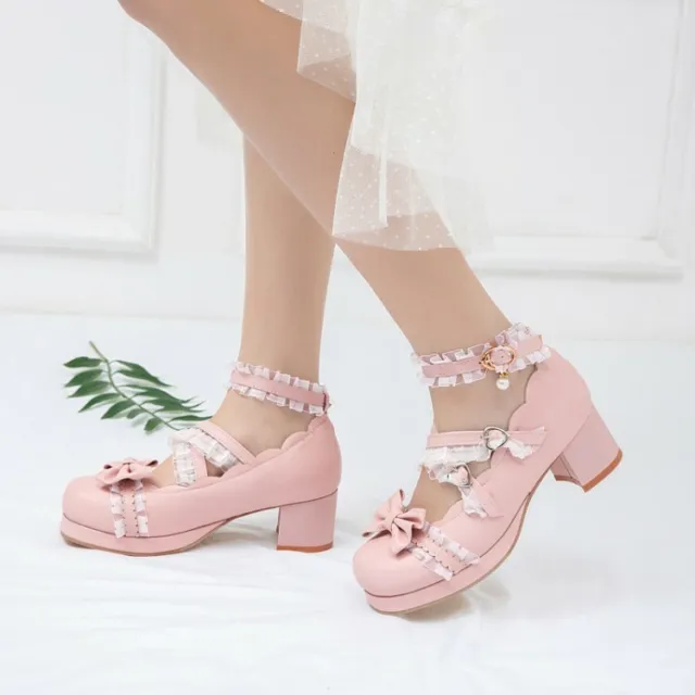 US4-12 Womens Mid Block Heel Lolita Cosplay Mary Janes Bowtie Casual Shoes Pumps