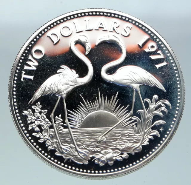 1971 The BAHAMAS Elizabeth II FLAMINGO Birds PROOF SILVER 2 Dollars Coin i86527