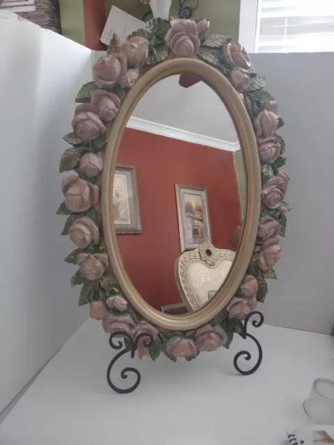 Vintage Home Interiors Oval Mirror with Pink Roses 27x18