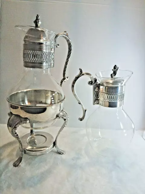 Vintage LEONARD Silver Plated and Glass Coffee Tea Carafe Pot with Warmer Stand