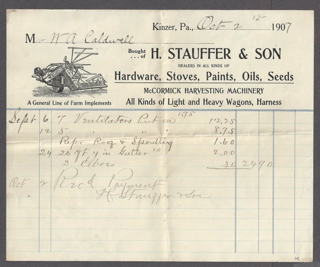 Kinzer, Lancaster Co., Pa ~ Stauffer & Son, Hardware, Illustrated Billhead 1907
