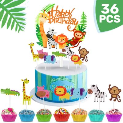 Età 1 Blu Giungla Animali personalizzato glassa Commestibile Cupcake Topper C235 