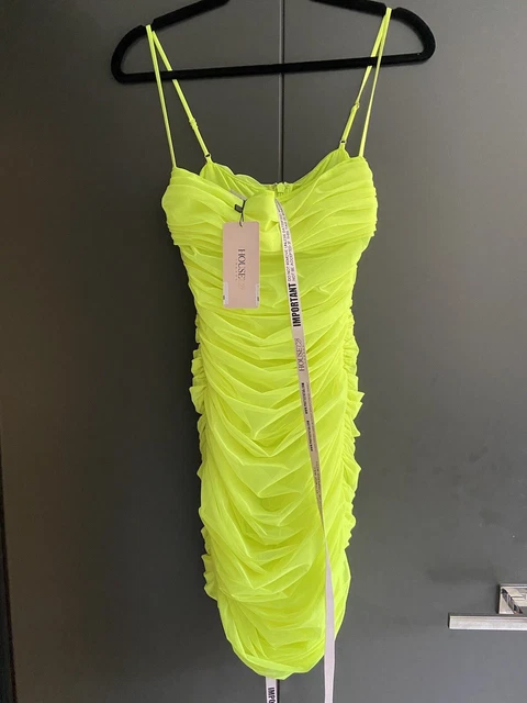 HOUSE OF CB Ella Neon Yellow Mesh Semi Sheer Ruched Dress Size Small 48.00  - PicClick UK