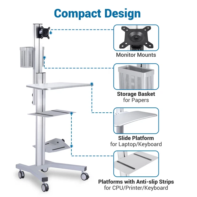 PC Mobile Computer Cart Workstation Sit-Stand Desk Monitor Tower Printer Holder