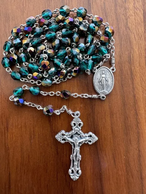 Purple Gold Green Faceted Beads Rosary Crucifix Mary Center Medal Free Shipping