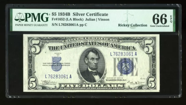 DBR 1934-B $5 Silver Gem Fr. 1652 Vinson LA Block PMG 66 EPQ Serial L76283061A
