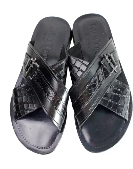 Leather Italian Sandals Mens Black Genuine Leather Slip on Shoes Handmade Elhadj