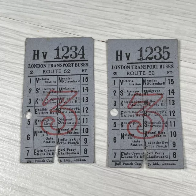 Vintage Bell Punch Co London Bus Ticket Route 52 ( Rare Consecutive Numbers )