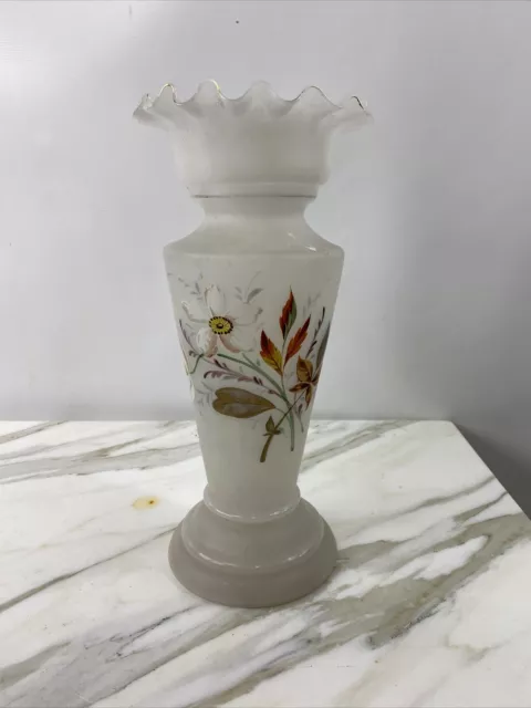 Victorian Hand Blown Frosted Glass Vase Ruffled Collar Rim Hand Painted Floral