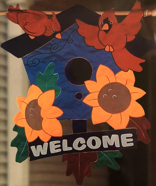 Welcome Cardinal Red Bird House Fall Flower Windsculpt Applique Large Yard Flag