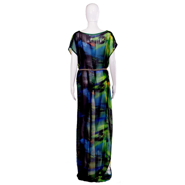 abito donna estivo griff alta moda couture caftano curvy lungo chiffon verde set 4