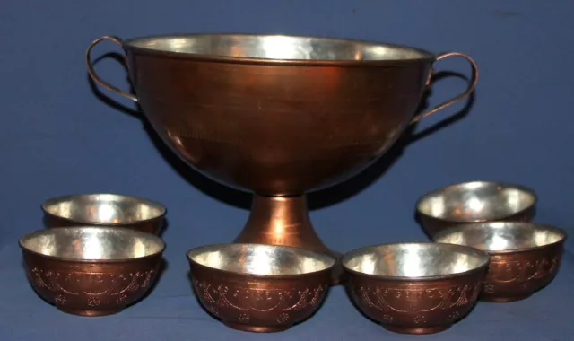 Vintage hand made set copper punch pedestal bowl and 6 cups mugs