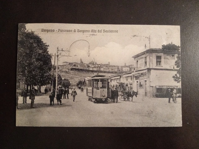 1910ca Bergamo - sentierone col tram in pp. ristorante e animazione