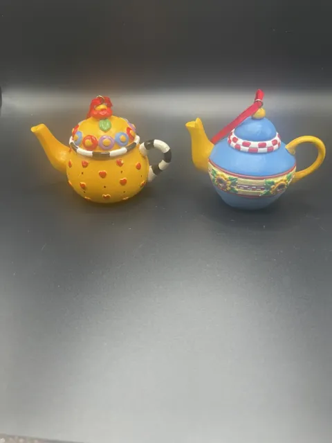 Vintage ME Mary Engelbreit Resin Mini Teapot Christmas Ornaments Lot of 2