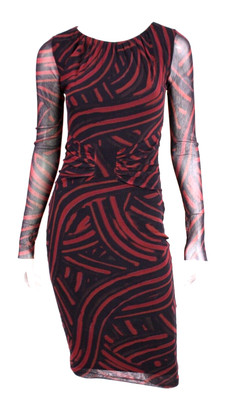 FUZZI Black & Red Abstract Sheer Mesh Long Sleeve Bodycon Sheath Dress S