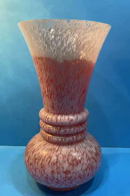 Hand Blown Murano Style Large Speckled Art Glass Vase 12” Tall Pink and White