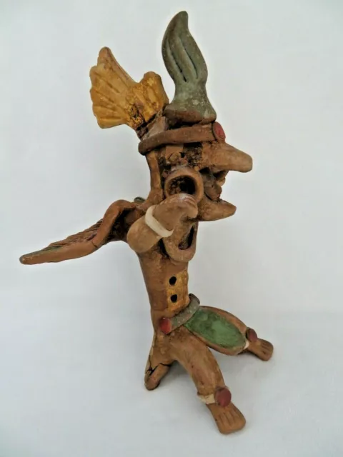 Mexican Mayan / Aztec Clay Bird Head Warrior WHISTLE Figurine  7