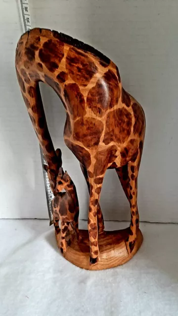 Carved Wooden 2 Giraffes Pair Entwined Mother and Baby Safari Statue Figures