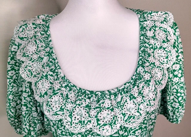 Boden Dress Womens US 8R Green White Floral Lace Detail Tie Waist Maxi Peasant