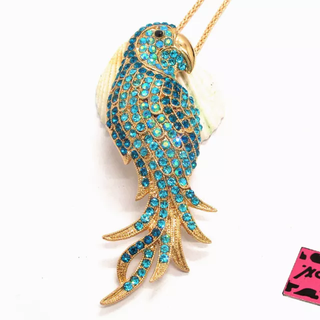 Hot Blue Crystal Parrot Rhinestone Animal Pendant Betsey Johnson Chain Necklace
