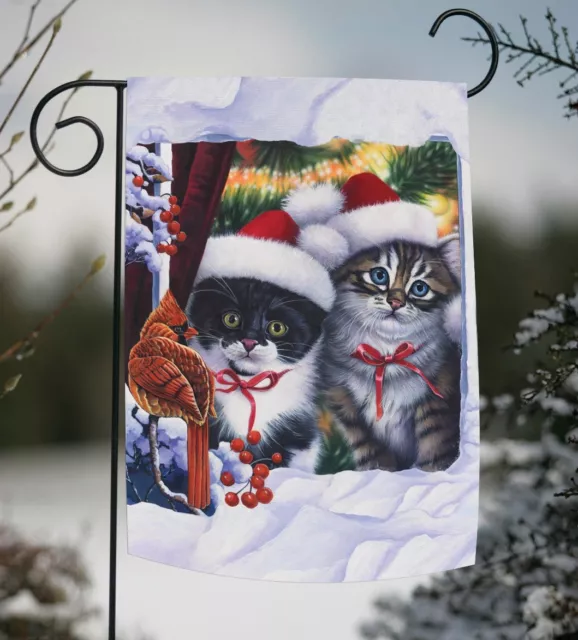 Toland Kitten in Window 12x18 Christmas Winter Snow Cardinal Garden Flag