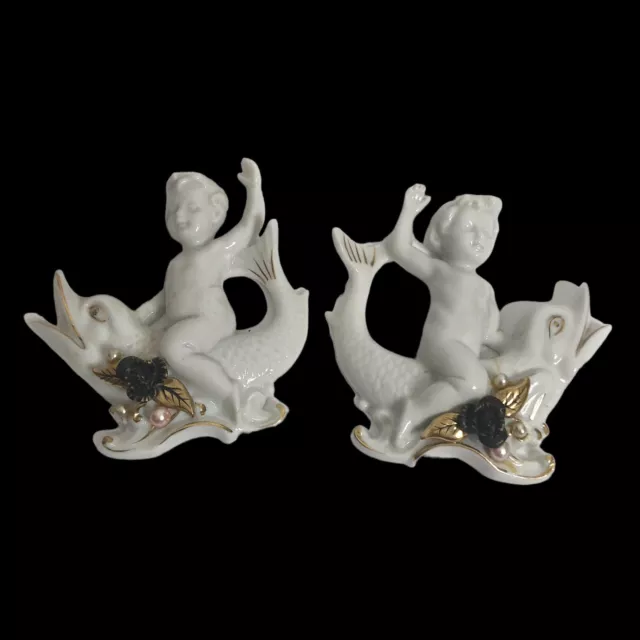 Pair Vintage Porcelain Boy on Dolphin Ceramic Wall Plaque Hanging Gilt Trim