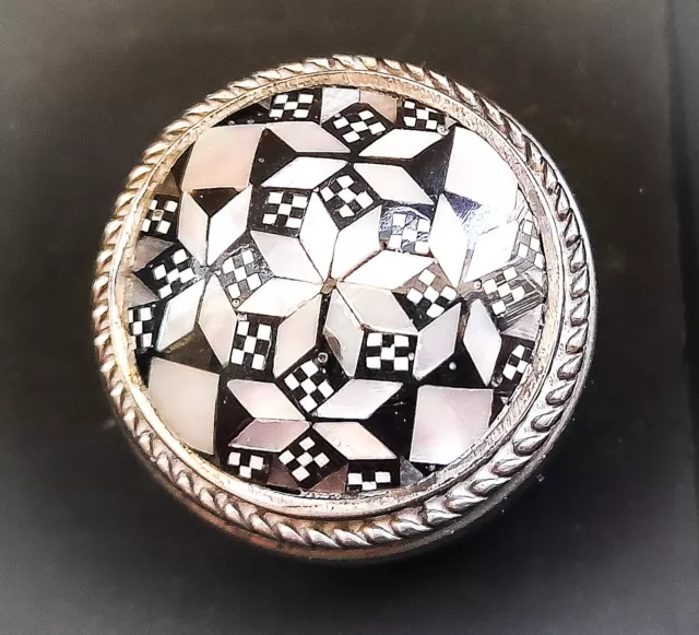 Vintage Mexican silver pill box with mother of pearl inlay