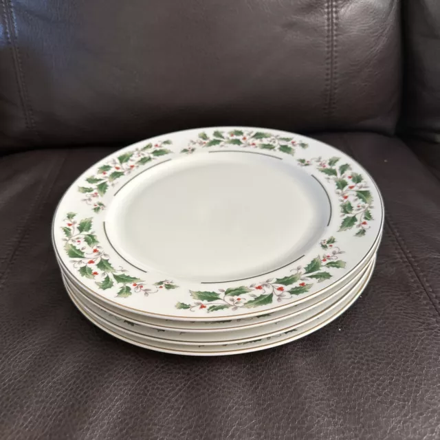 Christmas Holly Dinner Plates (4) Fine China Japan Holly Berries Gold Band