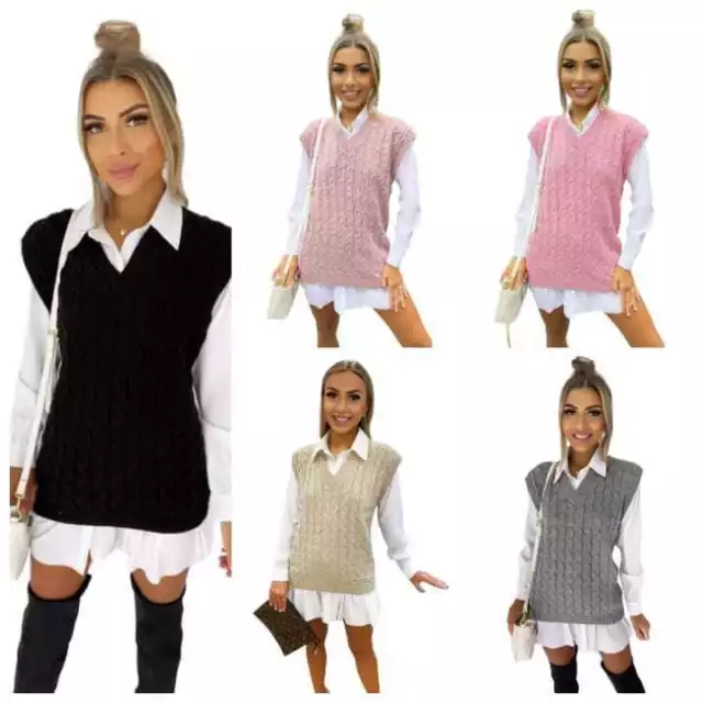 Unisex Ladies Cable Knit Sleeveless Vest Knitted Jumper Tank Top Winter Sweaters