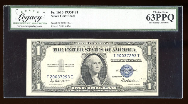 DBR $1 1935-F Silver Fr. 1615 TI Block Legacy 63 PPQ Serial T20037293I